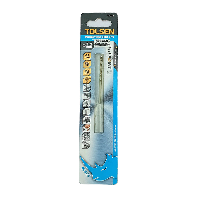 Mũi khoan Inox HSS/M2 đuôi trơn công nghiệp.  Size 1mm ~ 13mm TOLSEN, tiêu chuẩn DIN338 (Split point 135°)