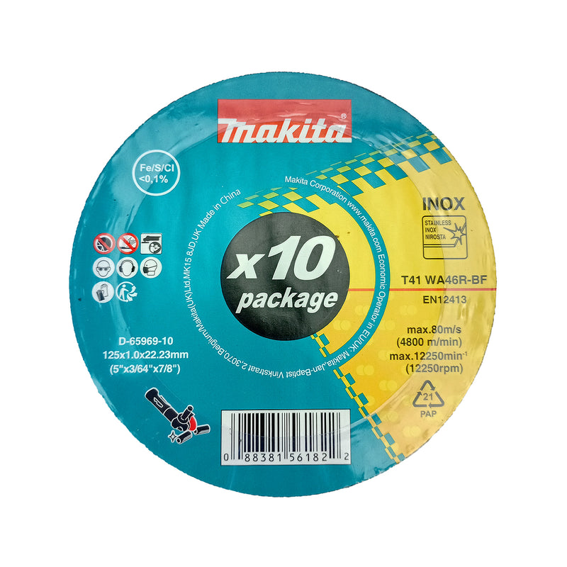 Hộp 10 lưỡi đá cắt Inox 125mm ( 5 inch ) Makita D-65969-10 dày 1mm, lỗ cốt 22.23mm ( 7/8 inch ) đĩa phẳng ( Cấp 2 sao )