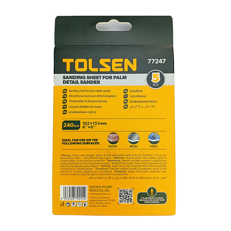 Giấy nhám tam giác 102x151mm, hạt 40 - 240# TOLSEN dùng cho kim loại, gỗ và sơn (5 tờ)(phù hợp với TOLSEN 79561)