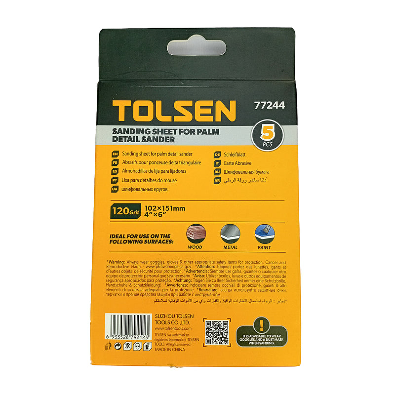 Giấy nhám tam giác 102x151mm, hạt 40 - 240# TOLSEN dùng cho kim loại, gỗ và sơn (5 tờ)(phù hợp với TOLSEN 79561)