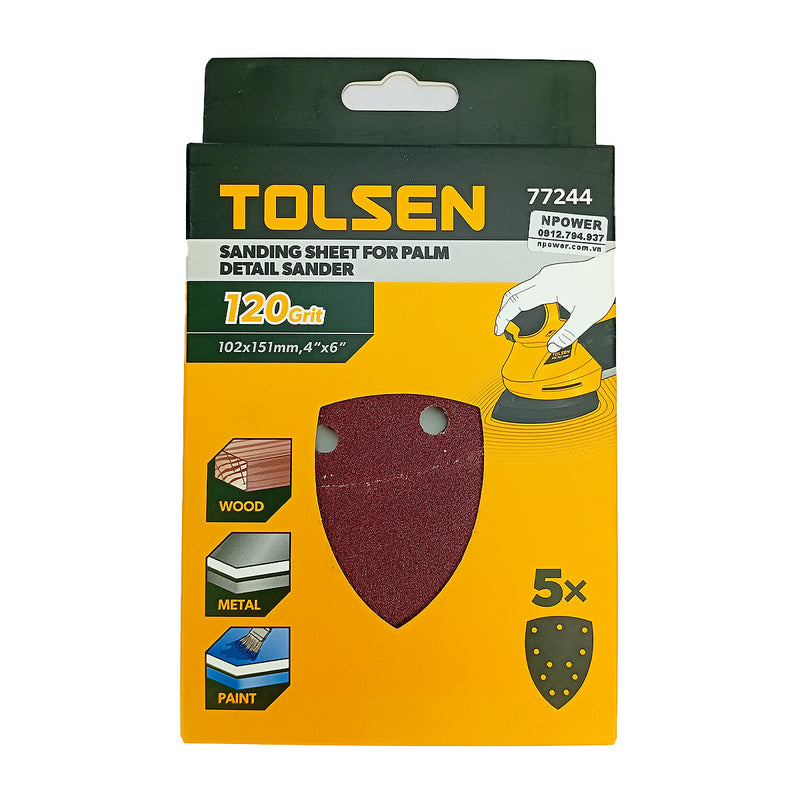 Giấy nhám tam giác 102x151mm, hạt 40 - 240# TOLSEN dùng cho kim loại, gỗ và sơn (5 tờ)(phù hợp với TOLSEN 79561)