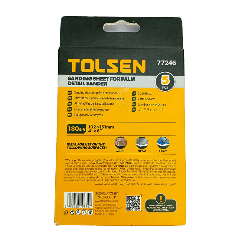 Giấy nhám tam giác 102x151mm, hạt 40 - 240# TOLSEN dùng cho kim loại, gỗ và sơn (5 tờ)(phù hợp với TOLSEN 79561)