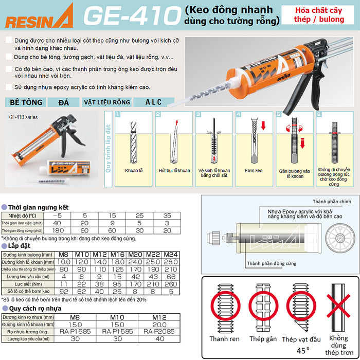 Hóa chất cấy thép và bu lông Unika GE-410, dung tích 410ml, chuyên dùng cho bê tông, tường gạch, vật liệu đá và vật liệu rỗng (Loại keo đông nhanh dùng cho tường rỗng)