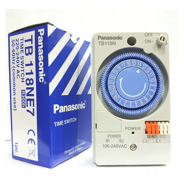 Timer hẹn giờ 6 chương trình chỉnh cơ Panasonic TB118, có pin dự trữ lưu 300 giờ.