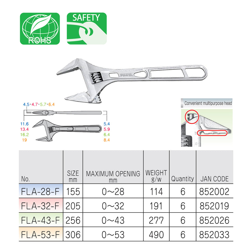 Mỏ lết có điều chỉnh 256mm (10 inch) Fujiya FLA-43F, độ mở ngàm tối đa từ 0 ~ 43mm. Tiêu chuẩn RoHS. Xuất xứ Đài Loan