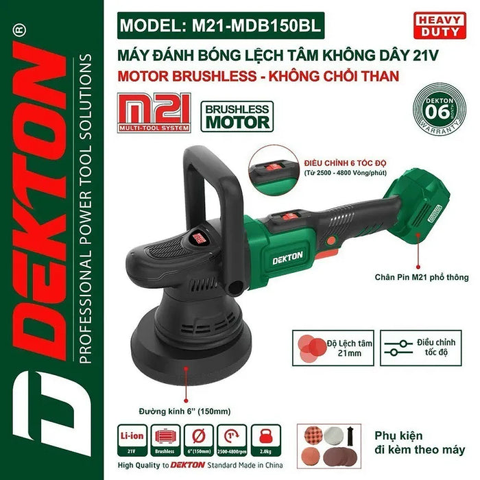 Máy đánh bóng lệch tâm Dekton M21-MDB150BL dùng pin 21V, đường kính đế 150mm
