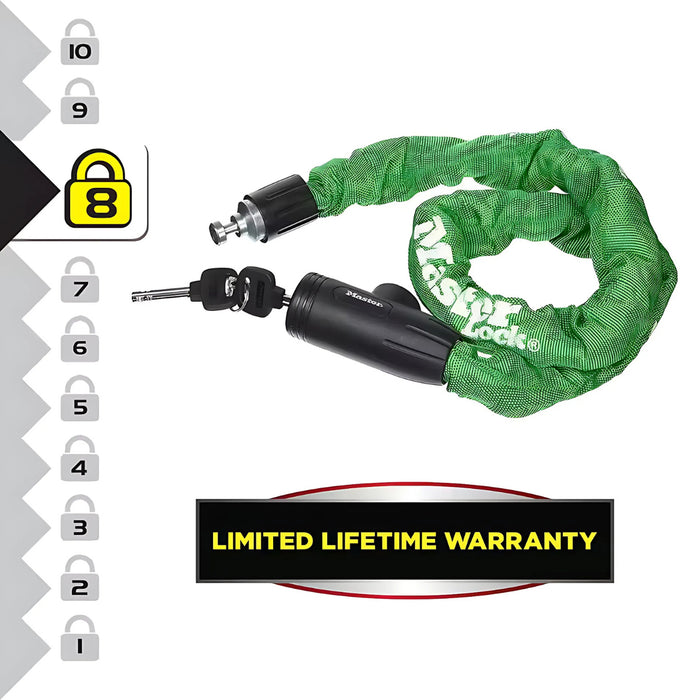 Khóa dây xích dùng chìa Master Lock cao cấp, dây xích bằng thép cường lực dày 8mm được bọc lớp vải nhiều màu dài 90cm
