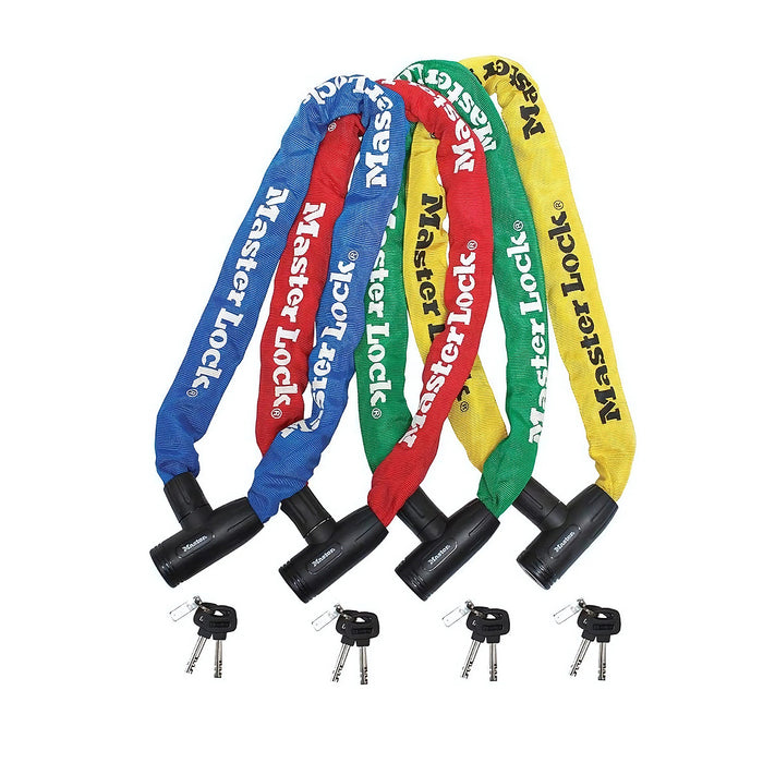 Khóa dây xích dùng chìa Master Lock cao cấp, dây xích bằng thép cường lực dày 8mm được bọc lớp vải nhiều màu dài 90cm