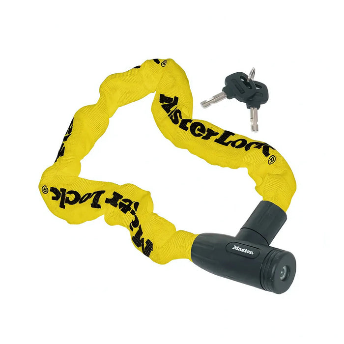Khóa dây xích dùng chìa Master Lock cao cấp, dây xích bằng thép cường lực dày 8mm được bọc lớp vải nhiều màu dài 90cm