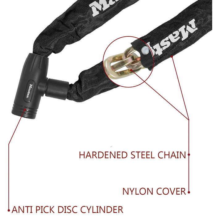 Khóa dây xích dùng chìa Master Lock cao cấp, dây xích bằng thép cường lực dày 8mm được bọc lớp vải nhiều màu dài 90cm