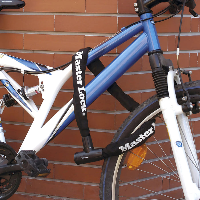 Khóa dây xích dùng chìa Master Lock cao cấp, dây xích bằng thép cường lực dày 8mm được bọc lớp vải nhiều màu dài 90cm