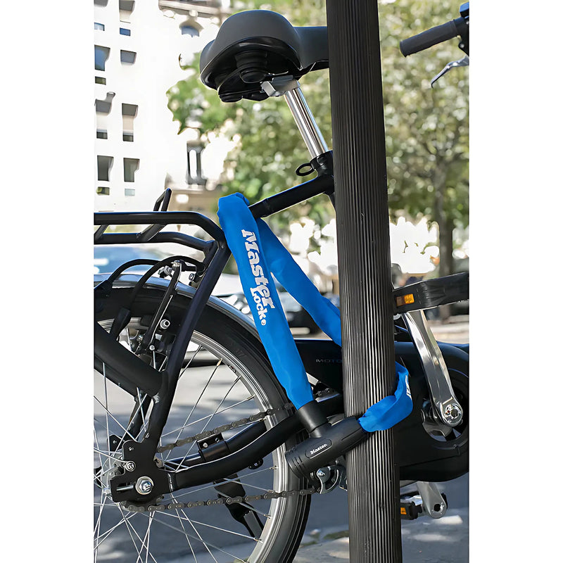 Khóa dây xích dùng chìa Master Lock cao cấp, dây xích bằng thép cường lực dày 8mm được bọc lớp vải nhiều màu dài 90cm