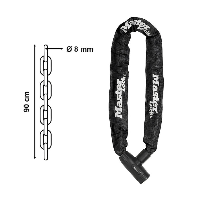 Khóa dây xích dùng chìa Master Lock cao cấp, dây xích bằng thép cường lực dày 8mm được bọc lớp vải nhiều màu dài 90cm