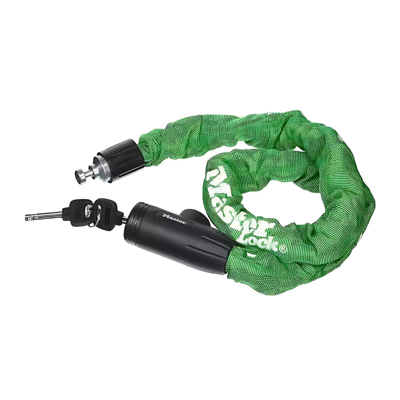 Khóa dây xích dùng chìa Master Lock cao cấp, dây xích bằng thép cường lực dày 8mm được bọc lớp vải nhiều màu dài 90cm