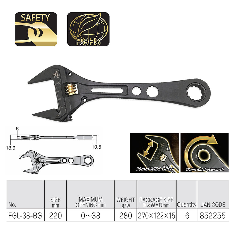 Mỏ lết đa năng có đầu vòng siết đai ốc 220mm (8.5 inch) Fujiya FGL-38-BG (Kurokin Series), chất liệu thép hợp kim cao cấp. Tiêu chuẩn RoHS. Xuất xứ Nhật Bản