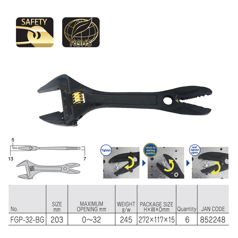 Mỏ lết nhanh đa năng 203mm (8 inch) Fujiya FGP-32-BG (Kurokin Series), chất liệu thép hợp kim cao cấp. Tiêu chuẩn RoHS. Xuất xứ Nhật Bản