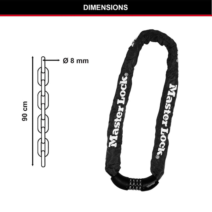 Khóa số dây xích Master Lock cao cấp, dây xích bằng thép cường lực dày 8mm được bọc lớp vải nhiều màu dài 90cm, 4 cọc số