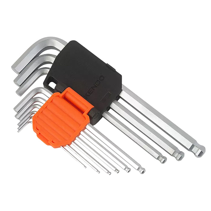 Bộ lục giác đầu bi 9 chi tiết Kendo 20737 thân dài, kích thước từ 1.5mm - 10mm, vật liệu thép Cr-V
