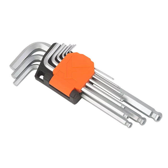 Bộ lục giác đầu bi 9 chi tiết Kendo 20737 thân dài, kích thước từ 1.5mm - 10mm, vật liệu thép Cr-V