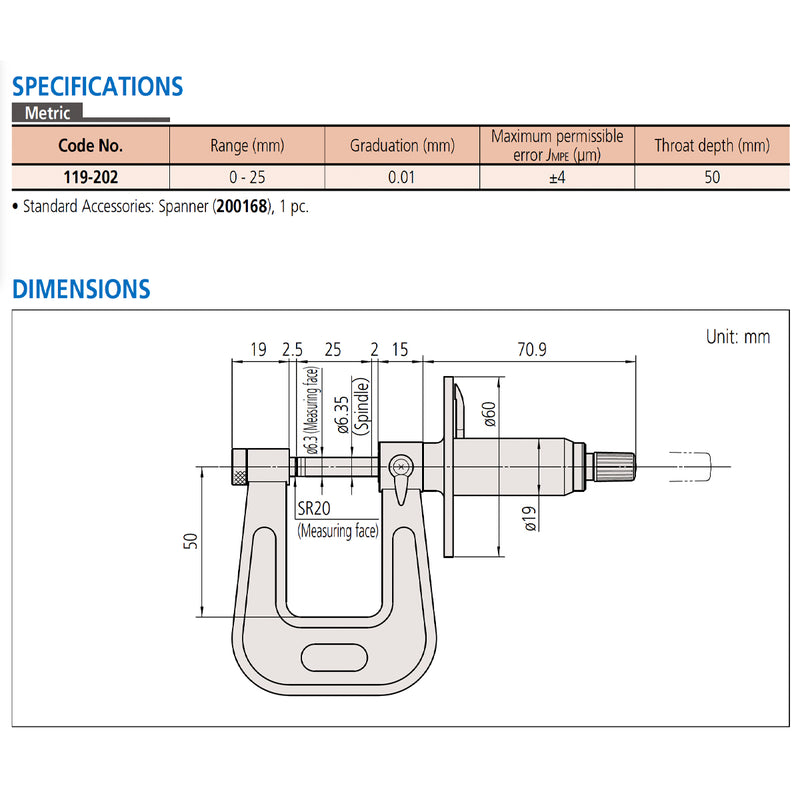 Kích thước và thông số kỹ thuật Panme Mitutoyo Series 119 - Sheet Metal Micrometers đo độ dày tấm kim loại, đồng hồ kim