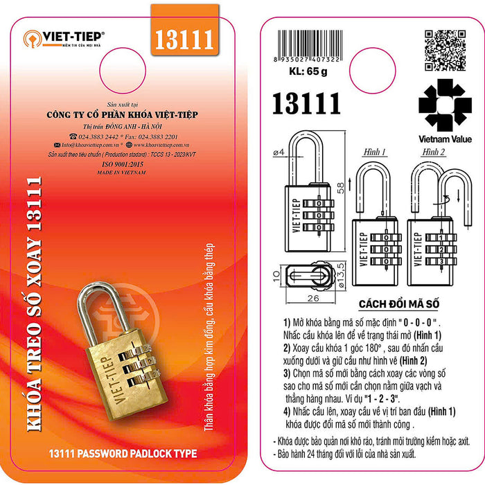 Ổ khóa số Việt Tiệp, thân khóa rộng từ 22.5mm - 26mm, thân khóa bằng hợp kim đồng, 3 cọc số