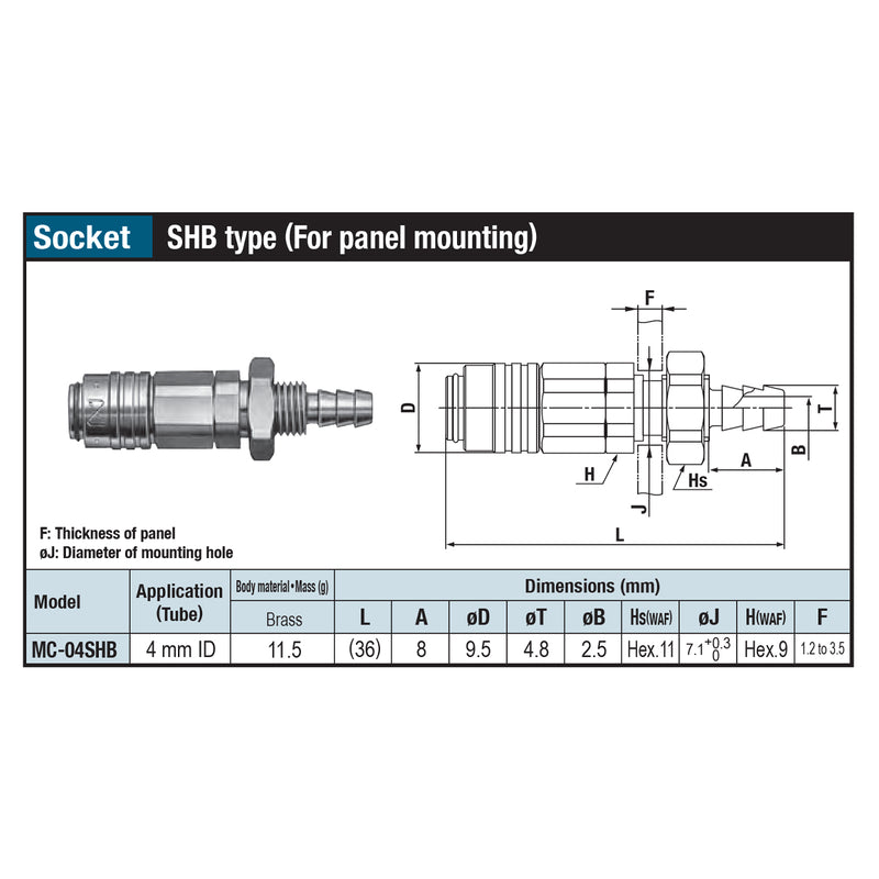 Đầu nối nhanh lắp xuyên bảng Micro Cupla SHB-Type (Socket) MC-04SHB chất liệu đồng, kiêu đuôi gai nối ống mềm