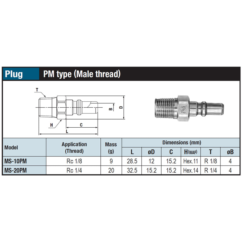 Đầu nối nhanh Small Cupla PM-Type (Plug) chất liệu đồng mạ chrome, kiểu kết nối ren ngoài