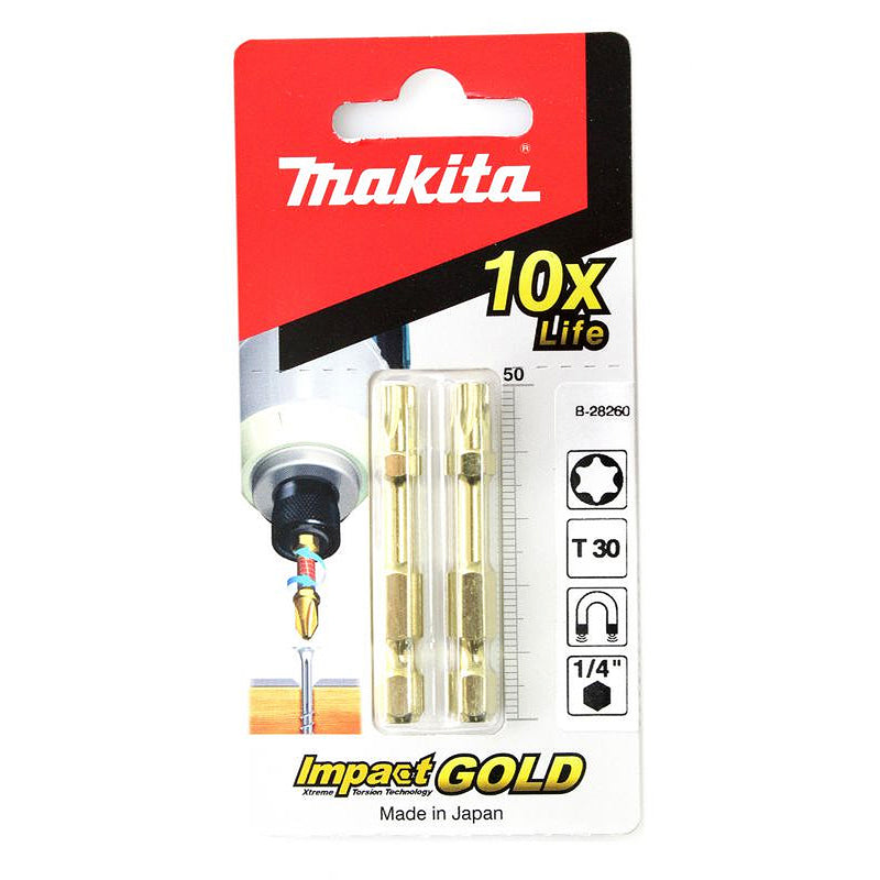Vĩ 2 mũi vít đầu sao Torsion Impact Gold Makita kích thước từ T10 - T30, chiều dài 50mm, đuôi lục giác 6.35mm (1/4 inch)