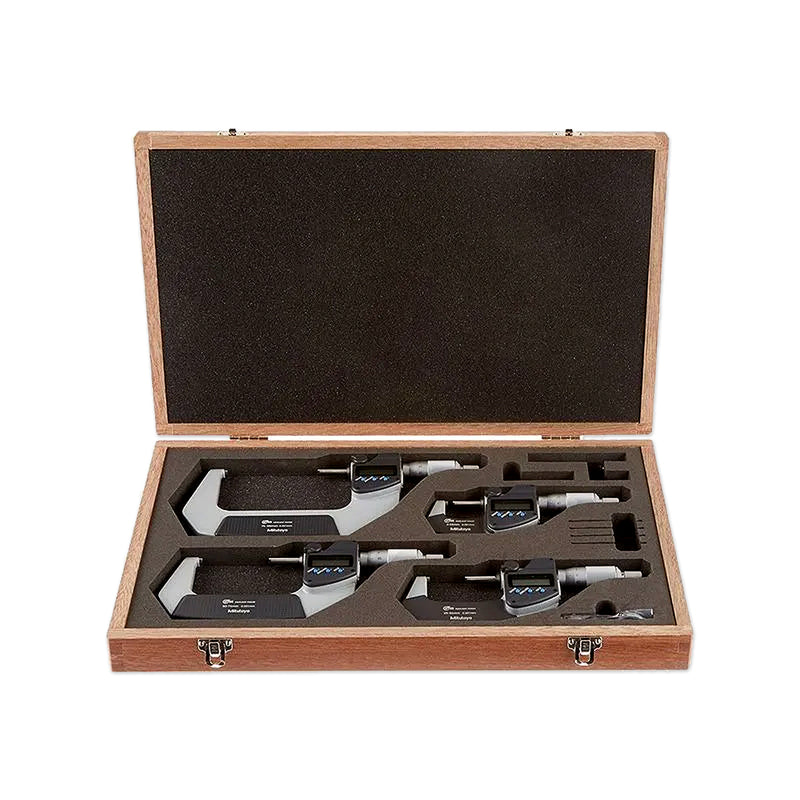 Bộ 4 thước Panme điện tử Mitutoyo hệ met - Mã số 293-963-30. Đáp ứng dãy đo từ 0-100mm. Có cổng SPC