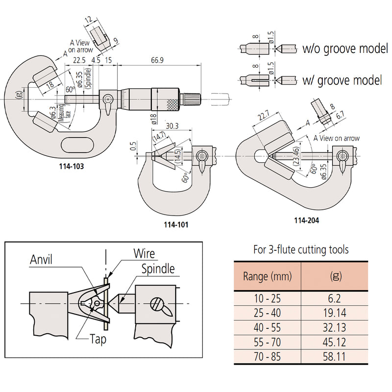 Panme điện tử Mitutoyo Series 314 - V-Anvil Micrometers, Đế đo chữ V + Mũi đo nhọn