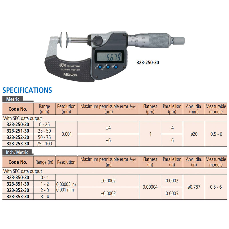 Panme điện tử Mitutoyo Series 322 - Disc Micrometers. Hàm kẹp đĩa đo bánh răng,. Có cổng SPC xuất dữ liệu