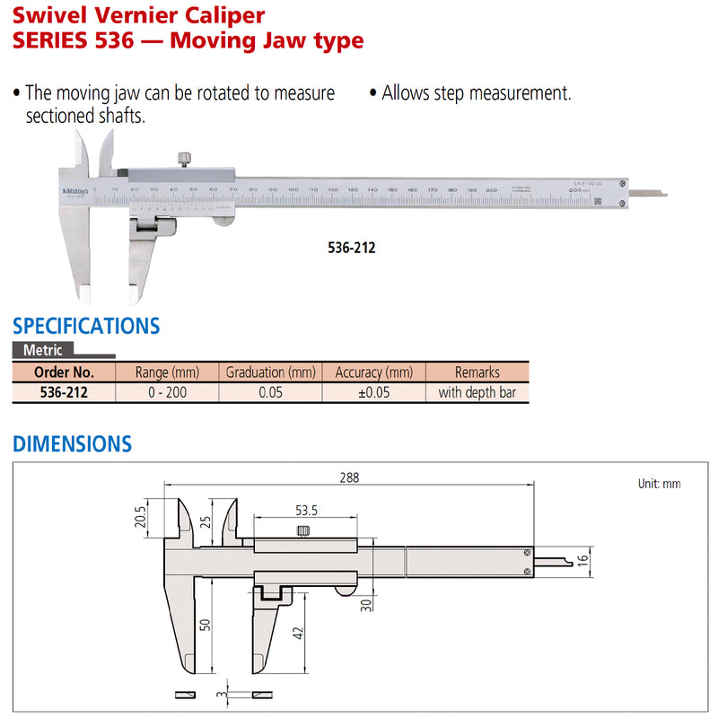 Thước kẹp cơ Mitutoyo Series 536 Swivel Vernier Caliper, Hàm kẹp xoay
