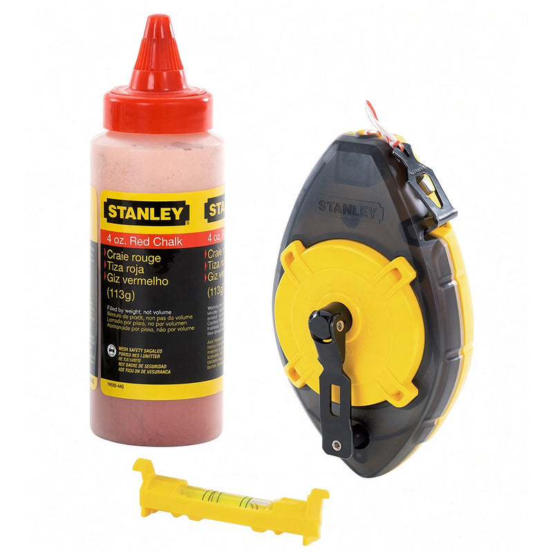 Bộ dây bật mực Stanley PowerWinder 47-465 gồm cuộn bật mực vỏ ABS vàng xám ChalkView, chai bột mực đỏ 113g và thước thủy kẹp dây màu vàng.