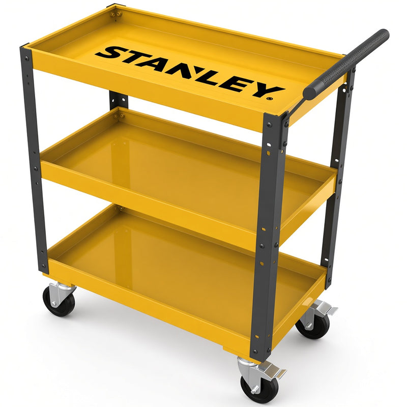 Xe đẩy dụng cụ 3 tầng Stanley STST73833-8 / STST73834-8 bằng thép cao cấp sơn phủ mờ chống trầy xước có tay đẩy và bánh xe xoay khóa phanh an toàn