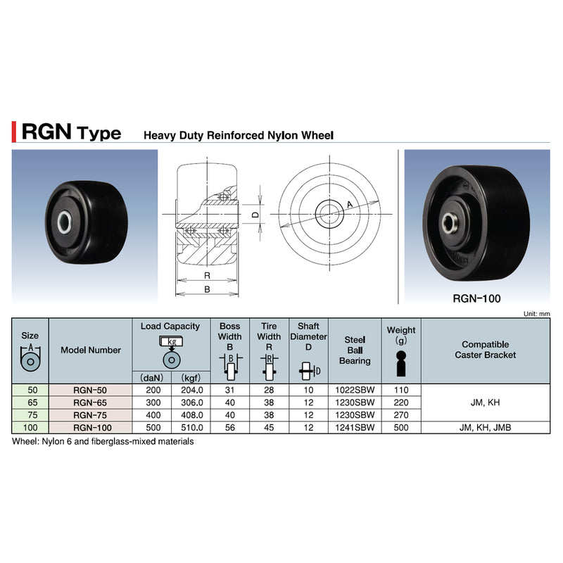 Bánh xe rời, tải nặng Ukai RGN-Type niềng nhựa cứng, bánh nhựa cứng gia cường, đường kính từ 50mm - 100mm