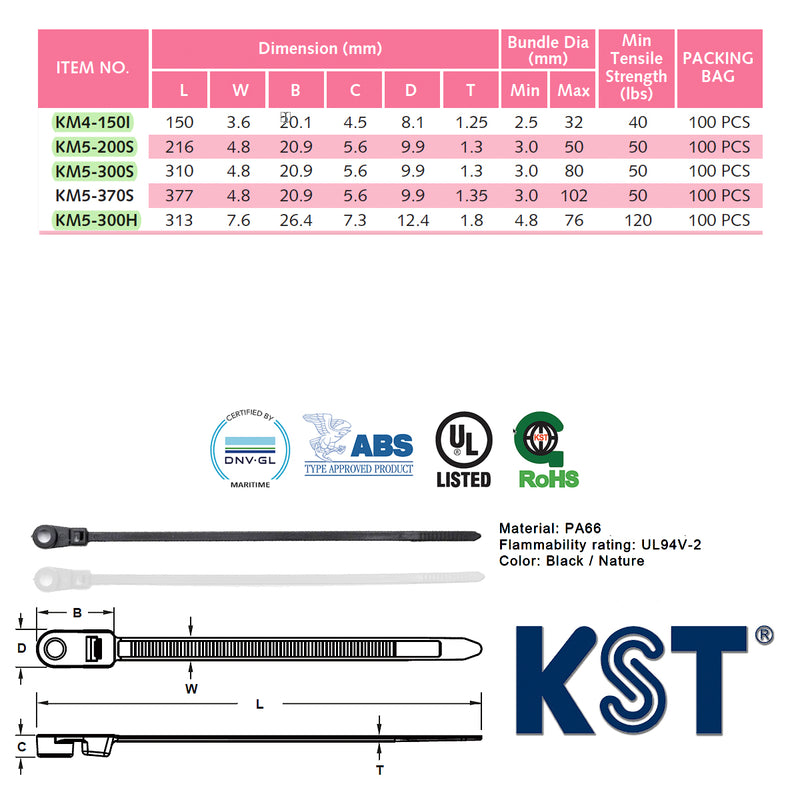 Dây rút nhựa có định có một lỗ khoan vít, loại cao cấp tiêu chuẩn quốc tế (Screw mounting cable ties), dài 150mm - 370mm