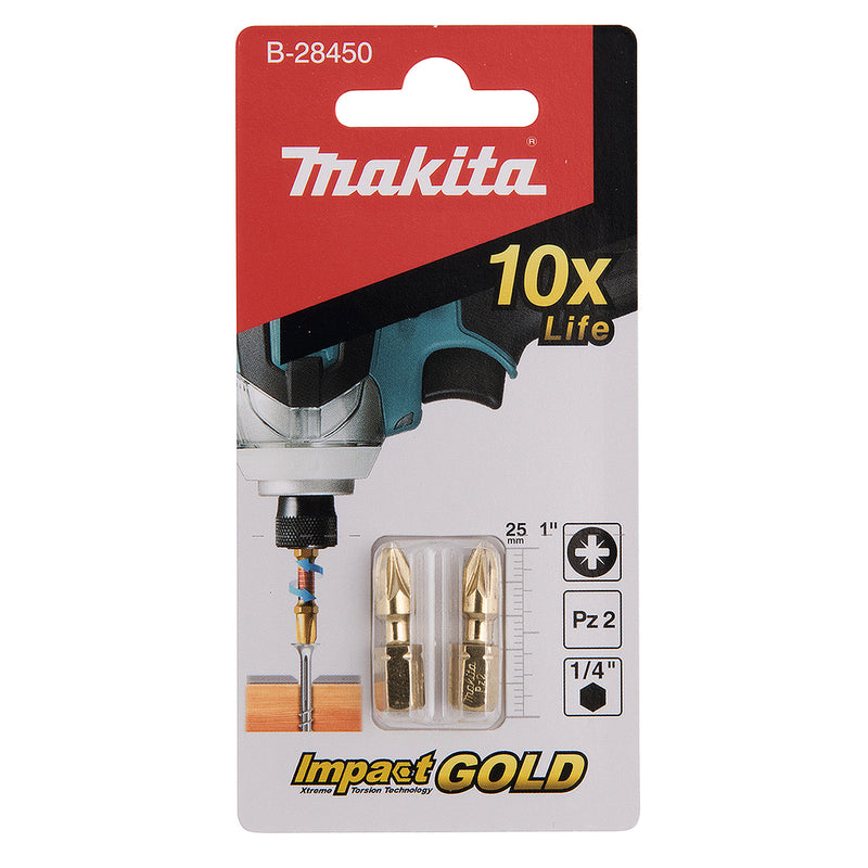 Vì 4 mũi vít Pozi Torsion Gold Impact Makita kích thước từ PZ1 - PZ3, chiều dài 25mm, đuôi lục giác 6.35mm (1/4 inch)