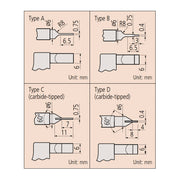 Panme Mitutoyo Series 122: 4 loại đầu đo lưỡi dẹt (A, B, C, D) cho rãnh hẹp, trục không xoay, chống mòn carbide, đo chính xác đường kính rãnh.