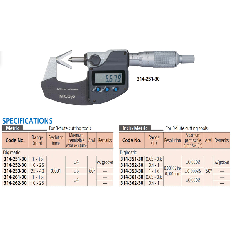 Panme điện tử Mitutoyo Series 314 - V-Anvil Micrometers, Đế đo chữ V + Mũi đo nhọn