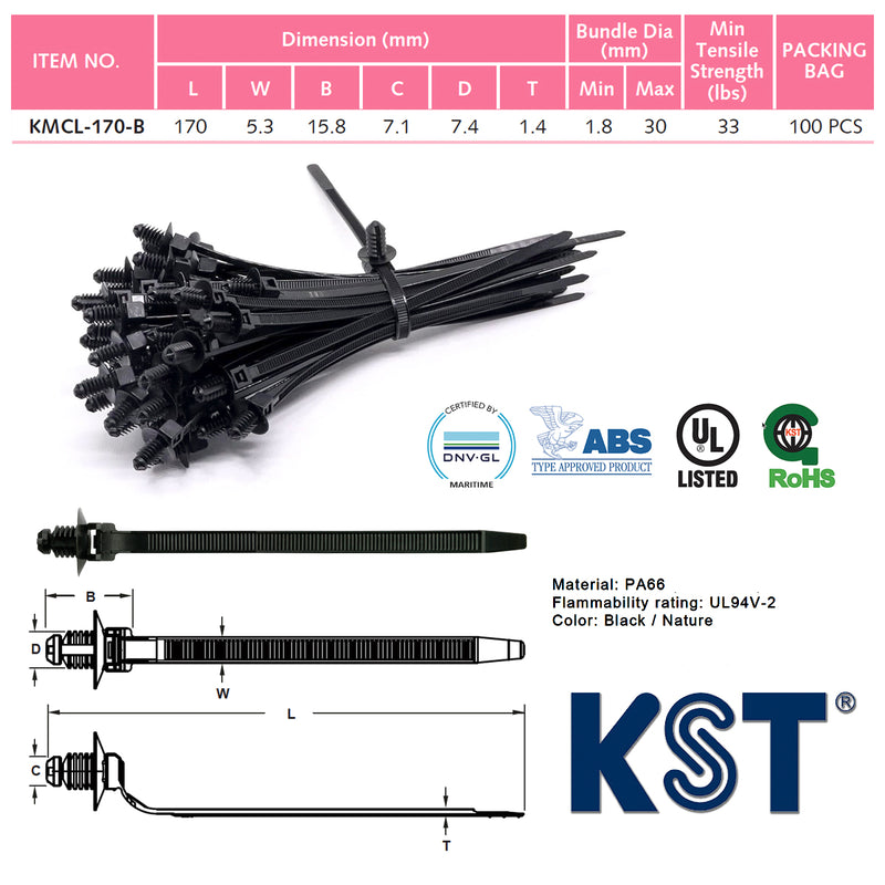 Dây rút KST nhét tường có đầu ren xoắn ốc KMCL-170-B, dài 170mm, bản rộng 5.3mm, đóng gói 100 sợi/ bị