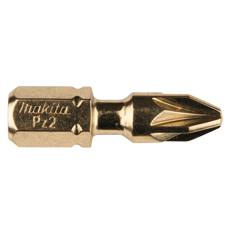 Vì 4 mũi vít Pozi Torsion Gold Impact Makita kích thước từ PZ1 - PZ3, chiều dài 25mm, đuôi lục giác 6.35mm (1/4 inch)