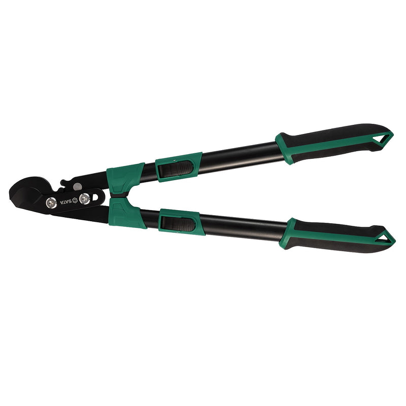 Kéo cắt tỉa cành cán rút SATA 23107: Lưỡi thép chuyên dụng, cán ống sắt chịu lực cao, 5 nấc điều chỉnh.
