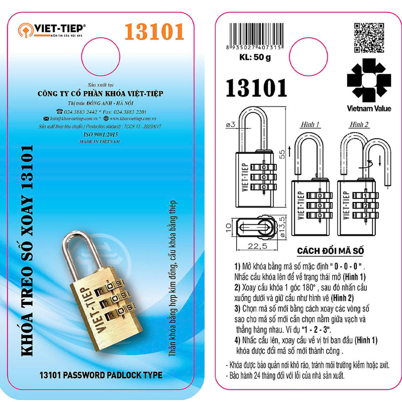 Ổ khóa số Việt Tiệp, thân khóa rộng từ 22.5mm - 26mm, thân khóa bằng hợp kim đồng, 3 cọc số