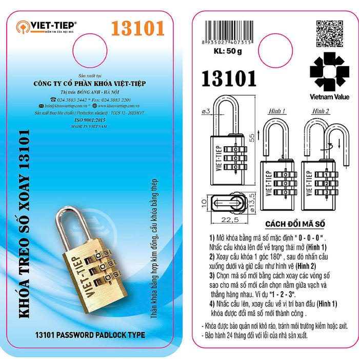 Ổ khóa số Việt Tiệp, thân khóa rộng từ 22.5mm - 26mm, thân khóa bằng hợp kim đồng, 3 cọc số