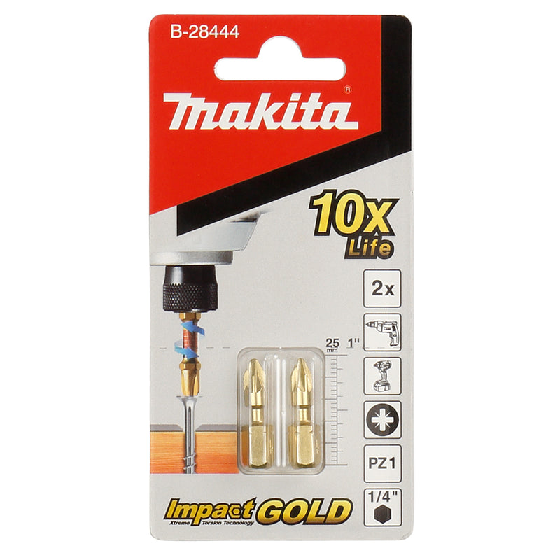 Vì 4 mũi vít Pozi Torsion Gold Impact Makita kích thước từ PZ1 - PZ3, chiều dài 25mm, đuôi lục giác 6.35mm (1/4 inch)