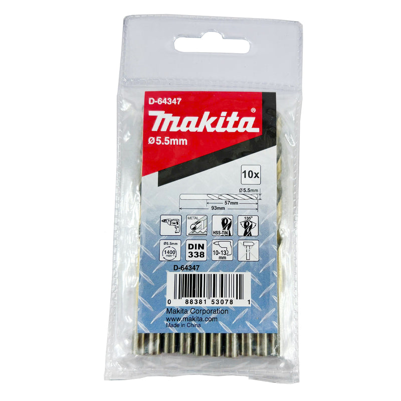 Túi 10 mũi khoan kim loại HSS-Tin Makita loại kinh tế, kích thước từ 1mm - 8mm, đuôi trơn ( Cấp 2 sao )