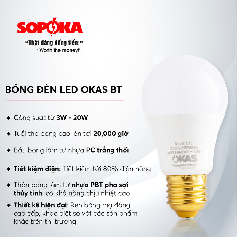 Bóng LED tròn SOPOKA Mã B, E27, ánh sáng trắng/vàng, công suất 3W-20W, tiết kiệm điện, chống nước, chống côn trùng, bền bỉ