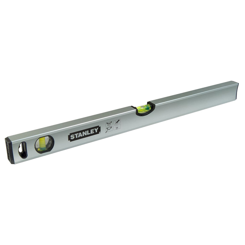 Thước thủy nhôm dạng hộp Stanley Classic Magnetic Box Level dài 400mm - 2000mm màu xám bạc có đế nam châm, bọt thủy phóng đại và hai đầu bọc cao su chống va đập.
