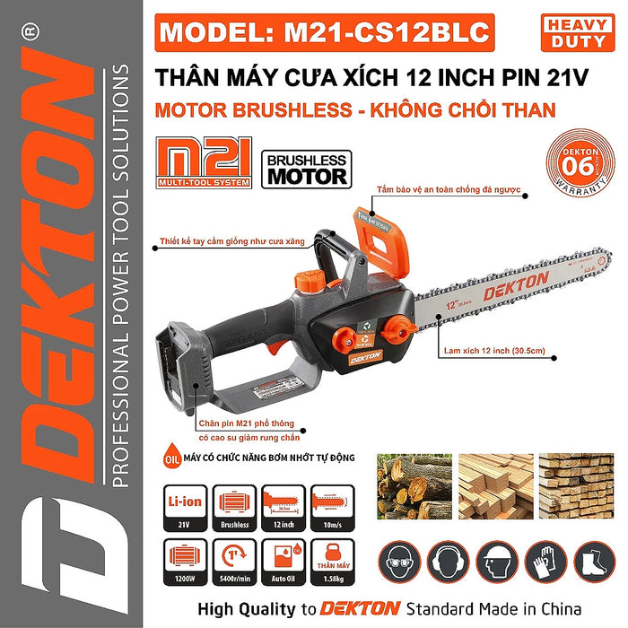 Máy cưa xích Dekton M21-CS12BLC dùng pin 21V, chiều dài lam 300mm (Chỉ có thân máy)