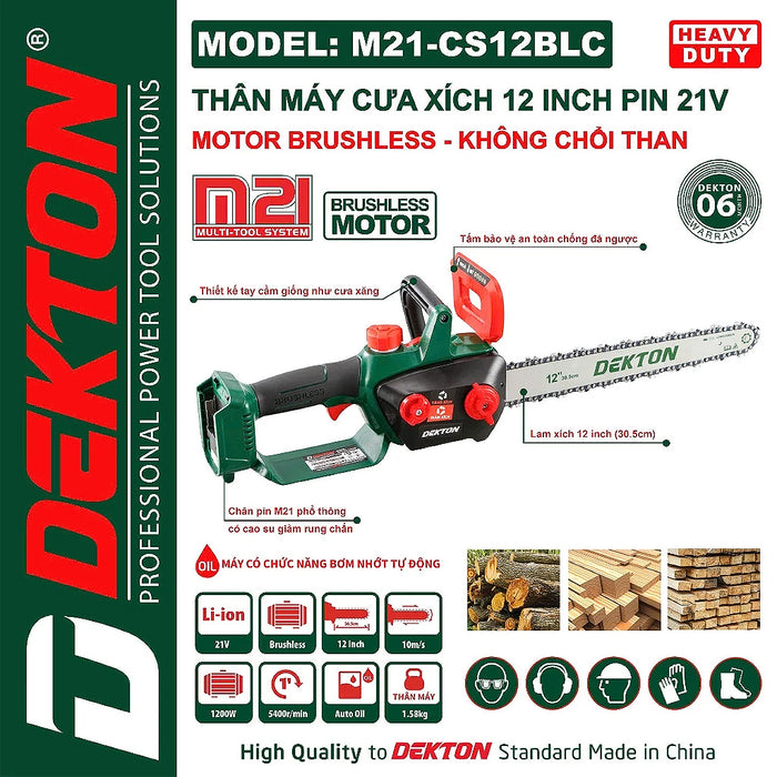 Máy cưa xích Dekton M21-CS12BLC dùng pin 21V, chiều dài lam 300mm (Chỉ có thân máy)